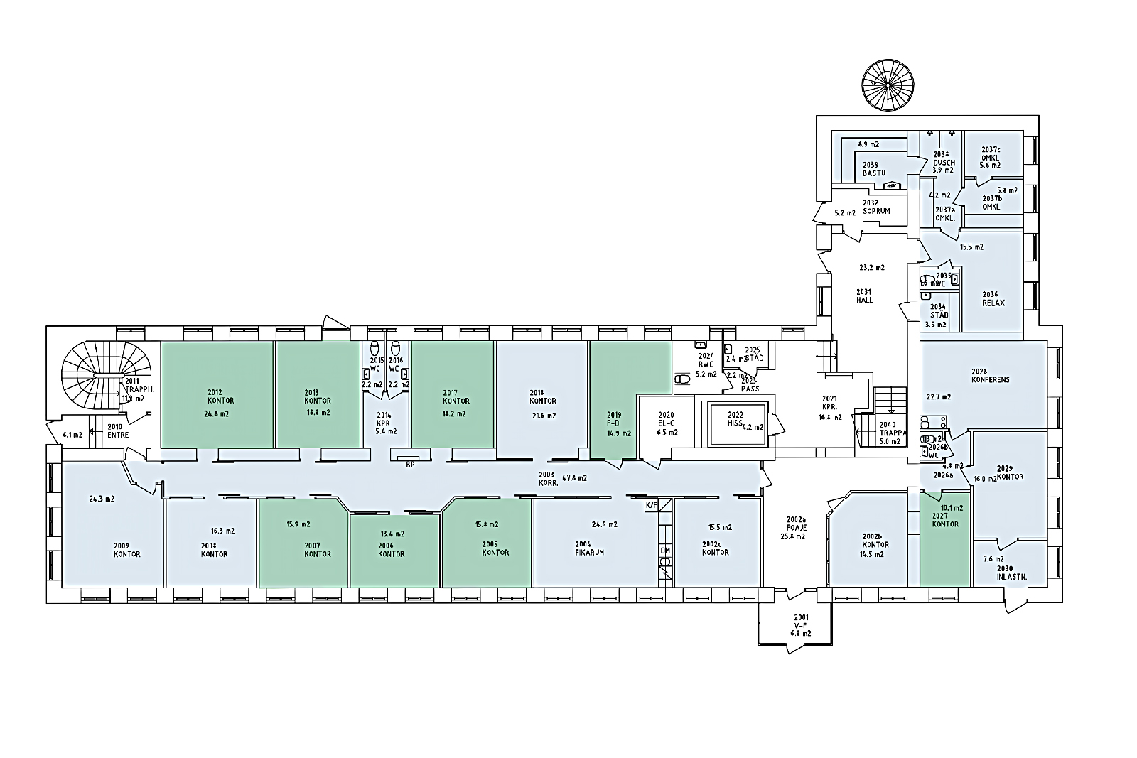 En planritning över en byggnad varav åtta kontorsrum är markerade i grönt.