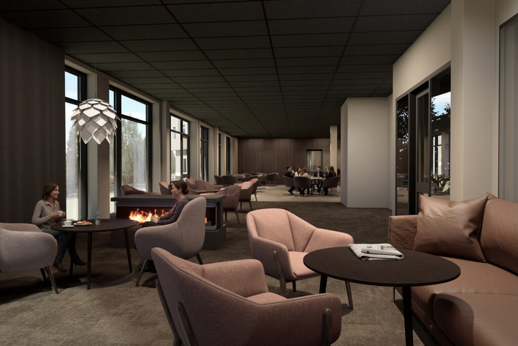 En harmonisk matsal i jordnära färger där gäster sitter vid enkla bord och äter medan mjukt ljus faller in och skapar en varm och lugn atmosfär.