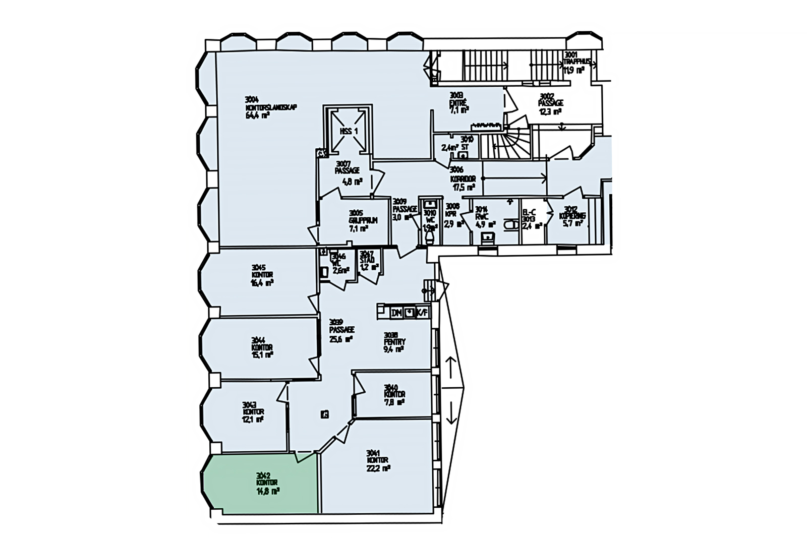 Planritning över ett kontorshotell med ett rum som är markerat i grönt.