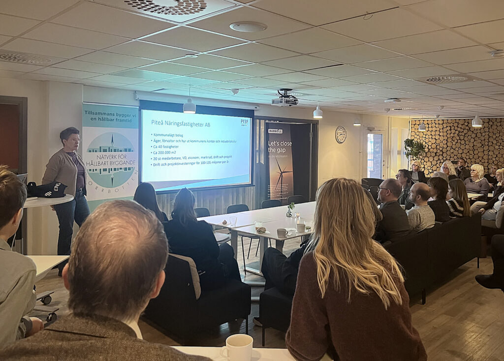 Person står längst fram i ett mötesrum och håller presentation inför sittande publik. På väggen visas en bild om Piteå Näringsfastigheter.