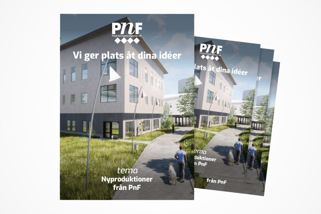 Tre identiska broschyromslag i högkant, där det främsta ligger rakt och två bakom är lätt vinklade. Modernt hus, gångväg och person med hund i förgrunden.